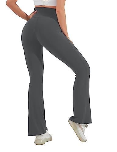 Image of HEGALY Women's Maternity Flare Leggings Over The Belly - Casual Pregnancy Yoga Pants with Pockets Buttery Soft, Dark Grey, Medium