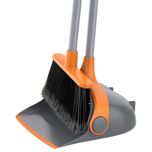 MR.SIGA Long Handled Dustpan and Brush Set, Upright Broom and Dustpan Set with Adjustable Handle, Tall Sweeping Brush with Comb Teeth for Floor Cleaning, Indoor, Outdoor, Home, Lobby, Gray & Orange