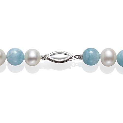 Belacqua Sterling Silver Cultured Freshwater Pearl and Natural Aquamarine Necklace, 18"3