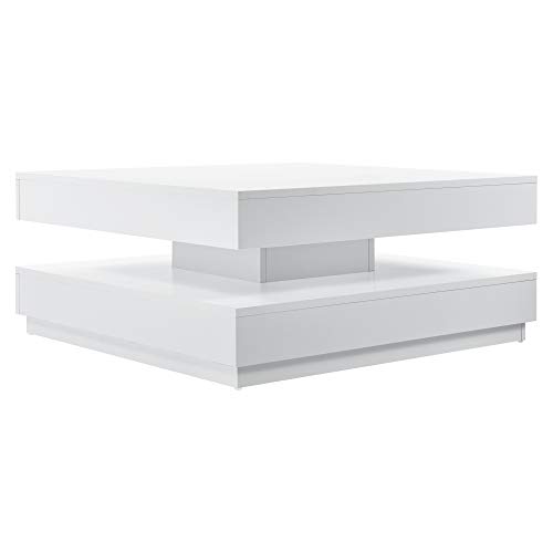 [en.casa] Mesa de Centro Florenz Mesa Baja Cuadrada con Tablero Giratorio y Estante Mueble Auxiliar Mesita para Salón 76 x 76 x 38 cm - Blanco