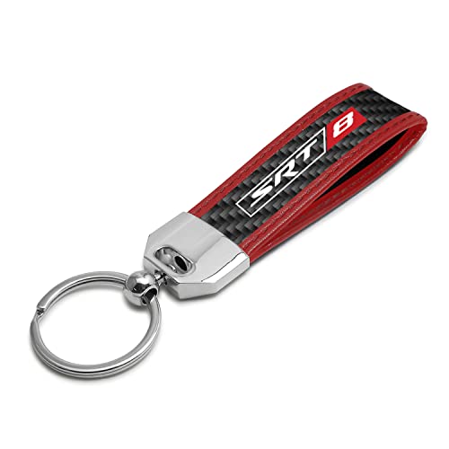 iPick Image for Dodge SRT-8 Logo Real Carbon Fiber Strap with Red Leather Stitching Edge Key Chain - Official Licensed