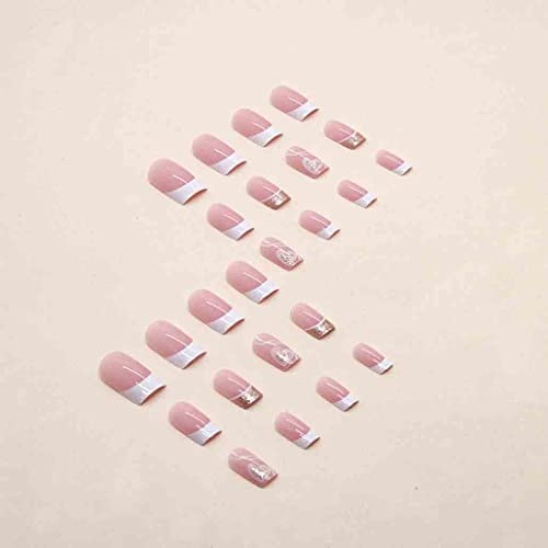 Foccna French Tip Press On Nails Medium Love Fake Nails Square Bling Glossy White False Nail Tips Artificial Finger Manicure For Women And Girls,24Pcs #TOP1