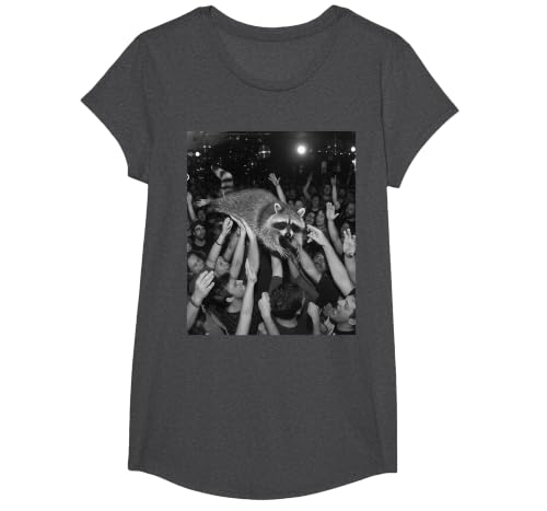 Funny Rock Raccoon Meme Crowd Surfing Crowd Scene T-Shirt, Girls, Dark Heather Grey, X-Small