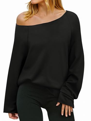 Fisoew Womens Off The Shoulder Tops Sweatshirts Lightweight Oversized Pullovers Long Sleeve Y2k Loose Fit Tunic Tops Black