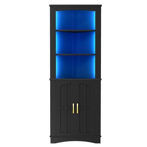 Image of HOOBRO Corner Cabinet with LED Lights, 67.3" Tall Farmhouse Corner Storage Cabinet with Doors and Storage Shelves, 5-Tier Corner Bathroom Cabinet, for Living Room, Kitchen, Black BK74DCJ01