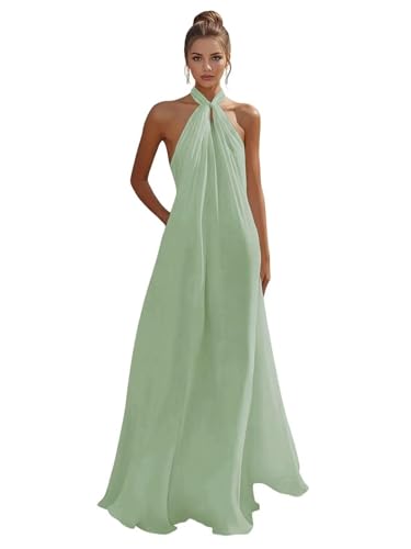 VDREJK Sage Green Chiffon Bridesmaid Dress Long 2026 Halter Formal Gown Ruffle Puffy Aline Formal Dresses US8