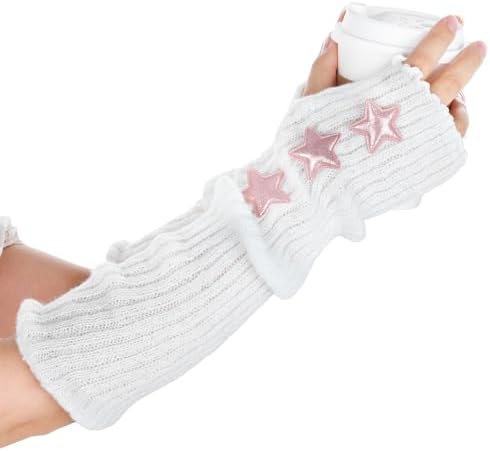 White Lace Arms Sleeves, Long Fingerless Arm Warmers, Autumn Winter Cute Knitted Arm Covers for Women 16.5 inch