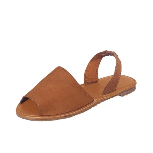 Image of Womens Leather Flat Sandal Ladies Slingback Menorcan Spanish Peep Toe Slingaback Flat Sandal Summer Holiday Shoes Flat Sandals UK 6 3_Brown