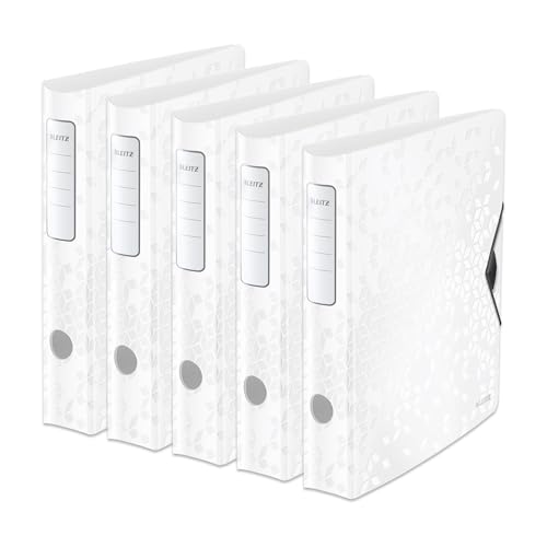 Leitz Qualitäts-Ordner 180° Active WOW, 5er Pack, A4, Schmal, Abgerundeter Rücken, 6,5 cm breit, Gummibandverschluss, Leichtes Polyfoam, Plastik-Ordner, WOW Serie, Weiß, 11070001