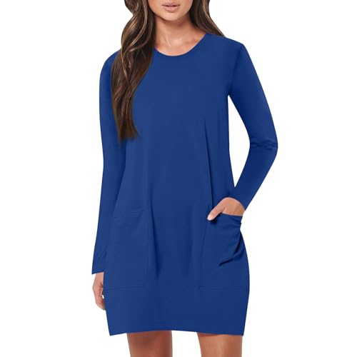 Vestido básico hasta la rodilla para mujer, vestido de manga larga con cuello barco, vestido de verano y otoño 2024, P-225 Azul real oscuro, L