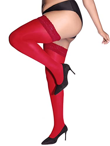 Image of HONENNA Plus Size Thigh High Stockings, Semi Sheer Stay Up Lingerie Lace Top Pantyhose for Curvy Women
