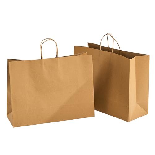 RACETOP Large Brown Paper Bags with Handles Bulk 100Pcs 16x6x12 Inch Gift Bags Bulk Brown Kraft Paper Bags for Retail Party Shopping Christmas Favor