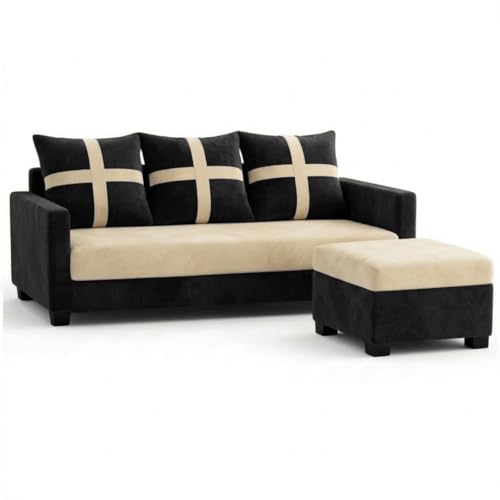 Image of Caviriq 4 Seater L Shape Sofa Set with Movable Ottoman | Flexible Left or Right Layout | Luxury Velvet Suede Fabric | Modern Living Room Sofa | Black-Cream