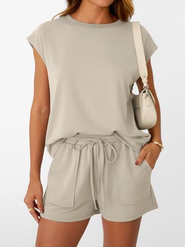LILLUSORY Women's Crew Neck Cap Sleeve Drawstring Two Piece Summer Shorts Sets with Pocket
| LILLUSORY Women's Crew Nec 