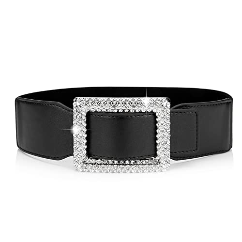 Women's Elastic Wide Waist Belt Stretchy Retro Cinch Belts Fashion Waistband with Rhinestone Buckle for Dresses Coat -Black