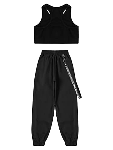 Image of FEESHOW Kids Girls Sports Crop Top with Elastic Waistband Trousers Cargo Pants for Gymnastic Dance Workout Outfit
