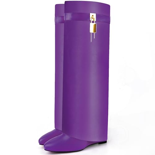 Image of Fold Over Boots for Women Pointy Pull-on Wedge Heel Knee Shark Boot With Side Zipper Padlock Design