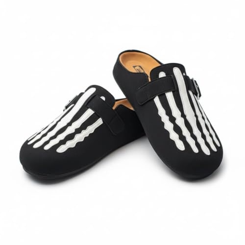 CTKVbmeoi Gothic Faux Suede Slip On Mules for Men Casual Indoor Outdoor Streetwear Clogs with Funny Skeleton Bone Graphic and Adjustable Buckle Strap (Black 12)
