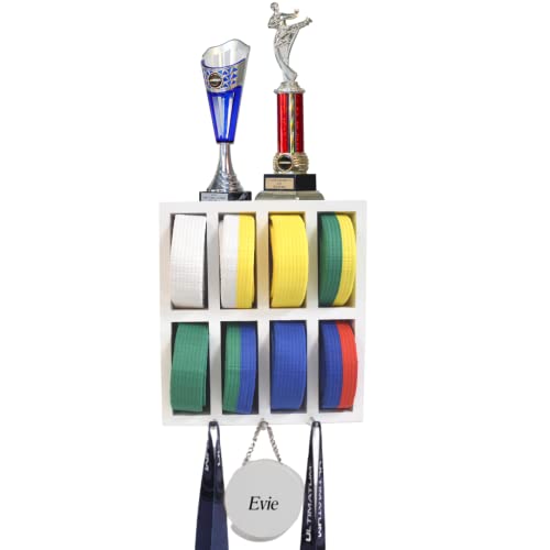 UpRise Designs Karate Belt Display Rack for 8 Belts. Taekwondo Belt Display and Martial Arts Belt Display. Karate Belt Holder, Plaque for Personalization, Trophy & Medal Hooks (White)