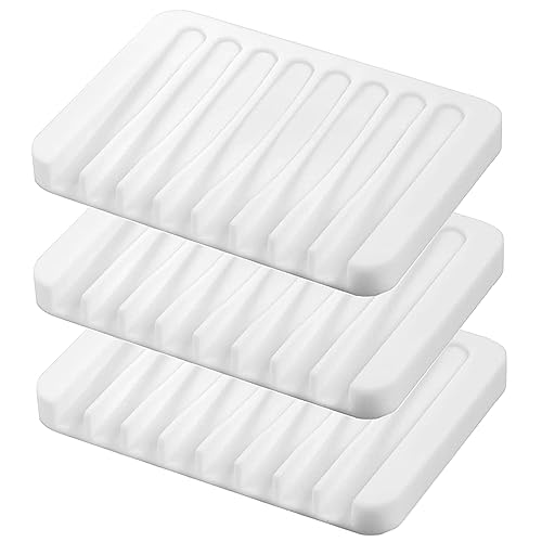 Self Draining Soap Dishes, 3 Pcs Silicone Soap Saver, Waterfall Drainer Soap Holder for Bathroom, Extend Soap Life, Keep Soap Bars Dry Clean & Easy Cleaning (White)