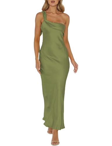 Image of 2026 Satin One Shoulder Maxi Dress for Women Summer Silk Formal Elegant Backless Ruffle Sleeveless Wedding Guest Dresses