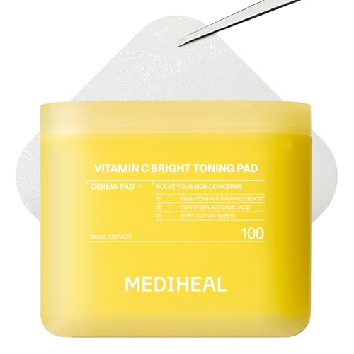 Image of MEDIHEAL Toner Pads 100 Count - Vitamin C Skin Toning - Radiance Booster for Clear & Illuminating Skin - Contains Niacinamide for Blemish Care - Vegan Stretchable Fabric Pads, Korean Skin Care