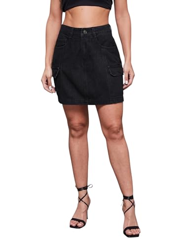 Image of Miss Chase Women's Regular High Rise Above Knee Stretchable Denim Skirt