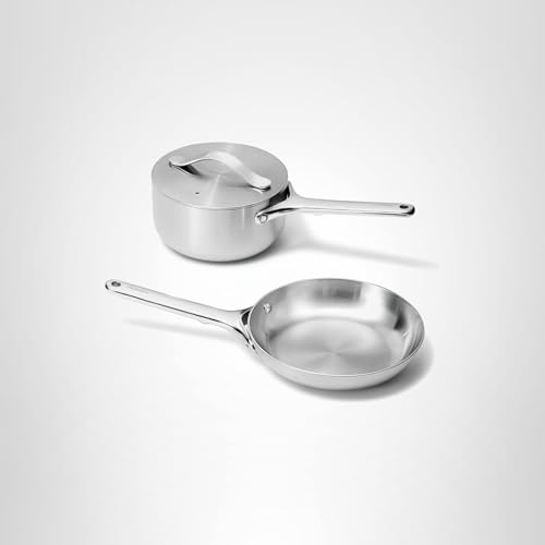 Caraway Stainless Steel Mini Duo – 5-Ply Stainless Steel Fry Pan (8 In) & Sauce Pan (1.75 Qt) – Oven Safe & Stovetop Agnostic – Non Toxic, PTFE & PFOA Free