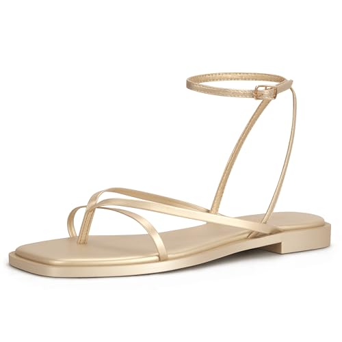 Image of Womens Flats Sandals Square Toe Strappy Ankle Strap Flats