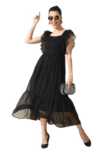 Image of IUGA Georgette Jacquard Butti Square Neck Knee Length Western Dresses for Women (69 Dress Black L)