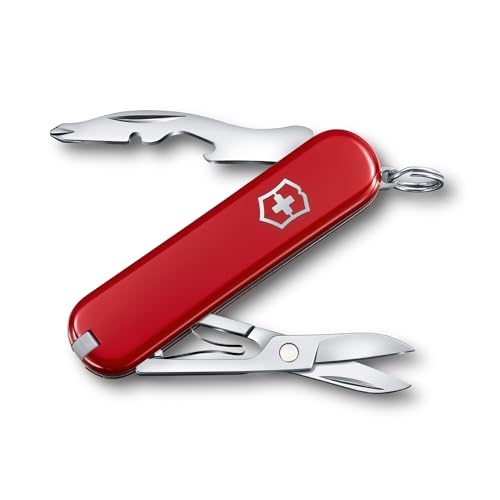 Victorinox Jetsetter Swiss Army Knife, Compact 7 Function Swiss Made Pocket Knife with Scissors, Magnetic Phillips Screwdriver and Key Ring – Red