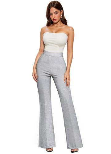Hybrid & Company Womens Ultra Stretch Ponte Flare Pants-High Rise,Faux Pockets,Pull On,Wrinkle Resistant-Casual & Office Wear KP38012FL Grey S