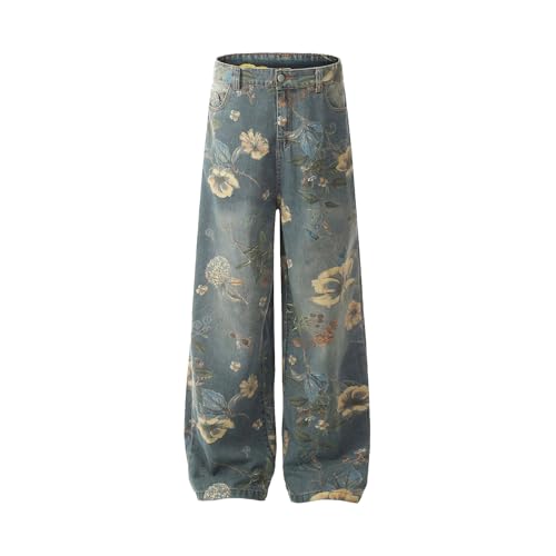 Streetwear Flower Jeans Pants Baggy Wide Leg Street Y2k Denim Trousers