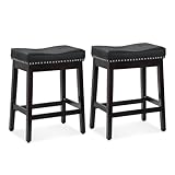 Athena Collection Bar Stools Set of 2, 25 Inches Counter Height Bar Stools Backless with Footrest, Leather Upholstered Saddle Barstools with Nailhead Trim for Home, Kitchen Island, Counter, Black