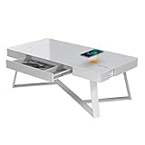 Unser weißer Designer-Couchtisch mit Bluetooth Lautsprechern vereint mehrere smarte Funktionen in nur einem Tisch: zwei kabellose Ladestationen für Wireless Charging (10W); Bluetooth-Funktion und integriertes 2.0 Stereo Sound-System zum Abspielen von Musik und Audio eines verbundenen Endgeräts; unauffälliger USB- und AUX-Port zum Laden von Endgeräten (5V) und zur Musikwiedergabe; smartes Touchpad zur Wiedergabe-Regulierung.