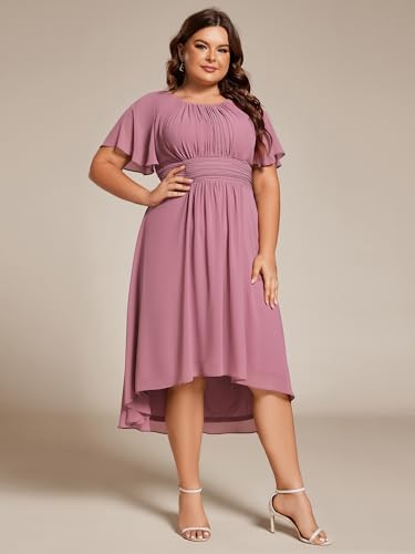 Image of Ever-Pretty Women's Plus Size Formal Wedding Guest Dresses for Curvy Women A Line Chiffon Midi High Low Cocktail Dress