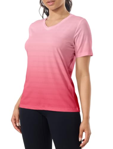Image of veepro Women Gym Tops V Neck Quick Dry Moisture Wicking T-Shirt UPF 50+ Short Sleeve Workout Top for Yoga Running Fitness Sports Gradient Pink M