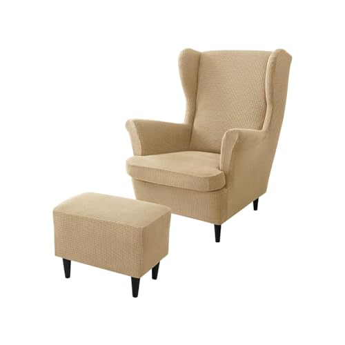 Funda para sillón orejero y otomana elástica en color caqui tamaño grande 2 piezas