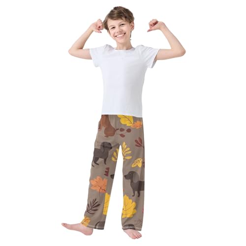 ZZXXB Autumn Leaves Dachshund Boys Long Pants Soft Trousers Elastic Waist Kids Lounge Bottoms with Pockets S-XL2