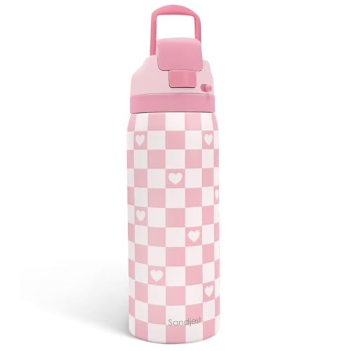 Image of Checkered Heart Insulated Stainless Steel Water Bottle with Straw for Sports and Travel, 32oz, Gifts for Women Girls Friends Teens Birthday Christmas