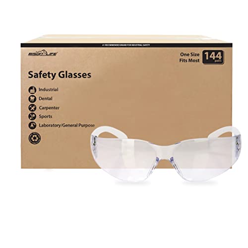Flash Deals - 80% OFF BISON LIFE Safety Glasses, One Size, Clear Protective Polycarbonate Lens - Clear Temple, 12 per Pack (Case of 12 packs, 144 pairs total)