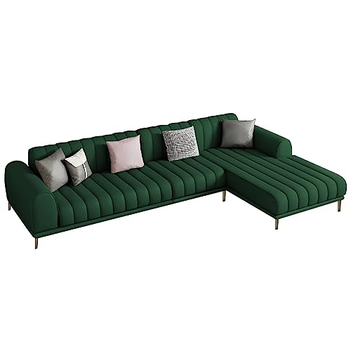 Image of Casaliving Herrick RHS 6 Seater L Shape Sofa Set with 2 Puffy for Living Room (Green Colour Fabric) Premium Velvet Fabric Sofa