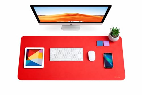 Image of Reversible Desk Mat 90x45 CM - Large Vegan Leather Office Desk Pad | Mouse Pad for Work from Home & Office | Anti-Slip Leather | Waterproof, Splash-Proof Desk Accessories (Orange & Red)