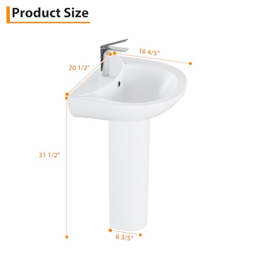 20" Bathroom Pedestal Sink - White Ceramic Vanity Sink with Overflow, Single Hole Faucet Pre-Drilled, Freestanding Restroom Sink Combo for Small Spaces