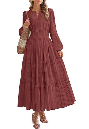 BTFBM Fall Dresses for Women 2025 Casual Long Sleeve V Neck Elastic Waist Lightweight Maxi Wedding Guest Dress Pockets