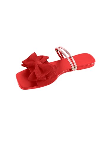 Image of GORGLITTER Women's Bow Flat Sandals Dressy Rhinestone Comfortable Sandals | Cute Slip On Slides, Strappy Flats, Square Toe, Sparkly Dressy Party Wedding Sandals for Bride