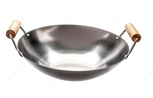 Wok de acero al carbono 12 pulg con asas de madera miniatura 1