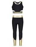 Freebily Kinder Mädchen Sport BH Bauchfrei Tank Tops Crop Top Leggings Hosen Metallic Trainingsanzug Sport Set Workout Tanz Outfits Schwarz 158-164
