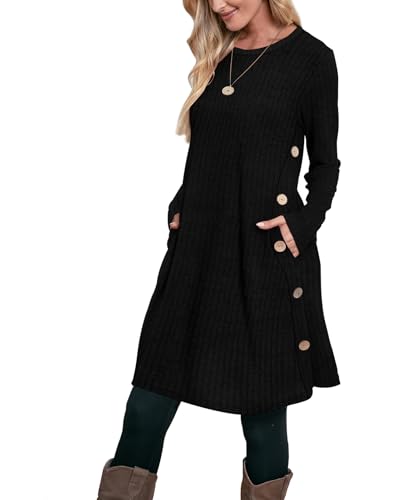 Image of OFEEFAN Long Sleeve Dress for Women Crew Neck Fall and Winter Tunic Dress with Pockets