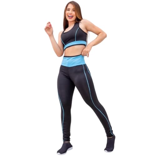Roupa Academia Calça com Top Faixa Feminino Fitness (G - Veste 42 ao 44, Preto e Azul)